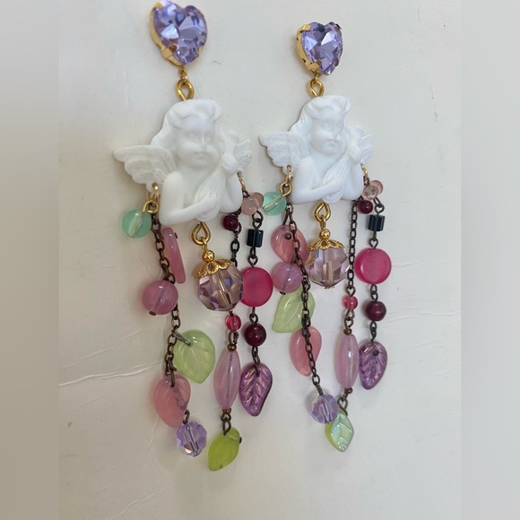 Charming long purple bohemian Opal cherub Cupid love valentines earrings gypsy - Picture 3 of 3